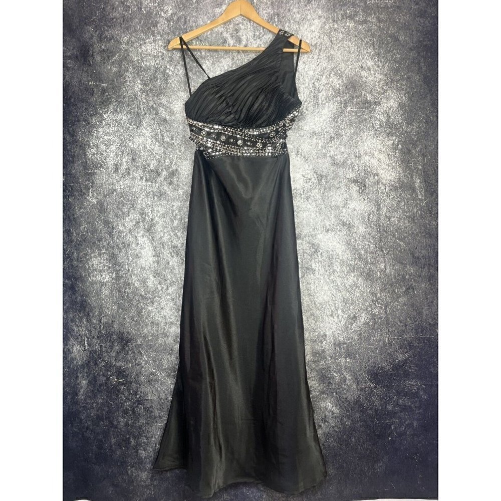 Mxi Dress Women 7‎ / 8 Black Beaded Asymmetrical Satin Gatsby Formal Regency Lux